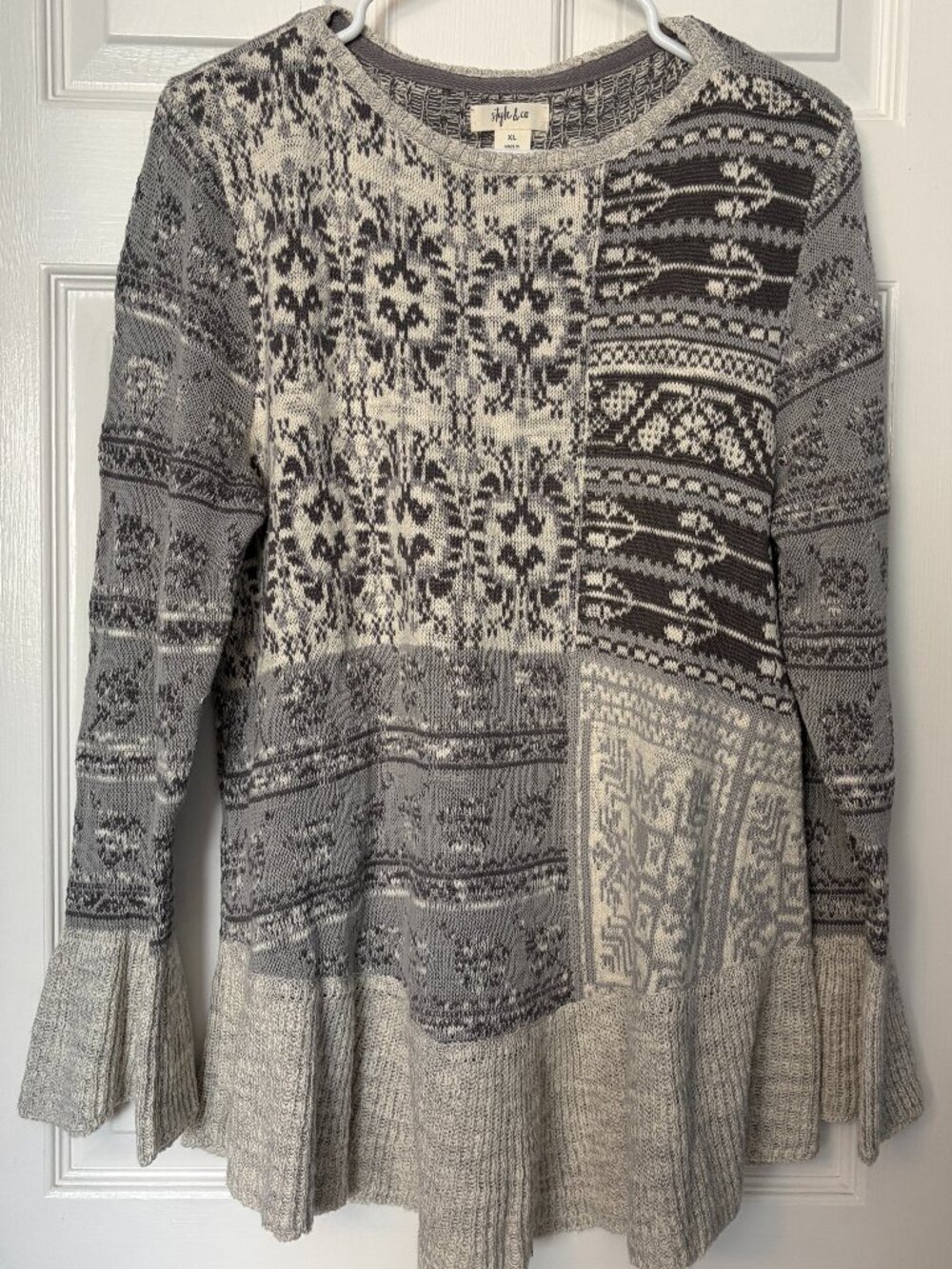 Style & Co. long-sleeve patchwork Knit sweater gray geometric flare cuffs XL